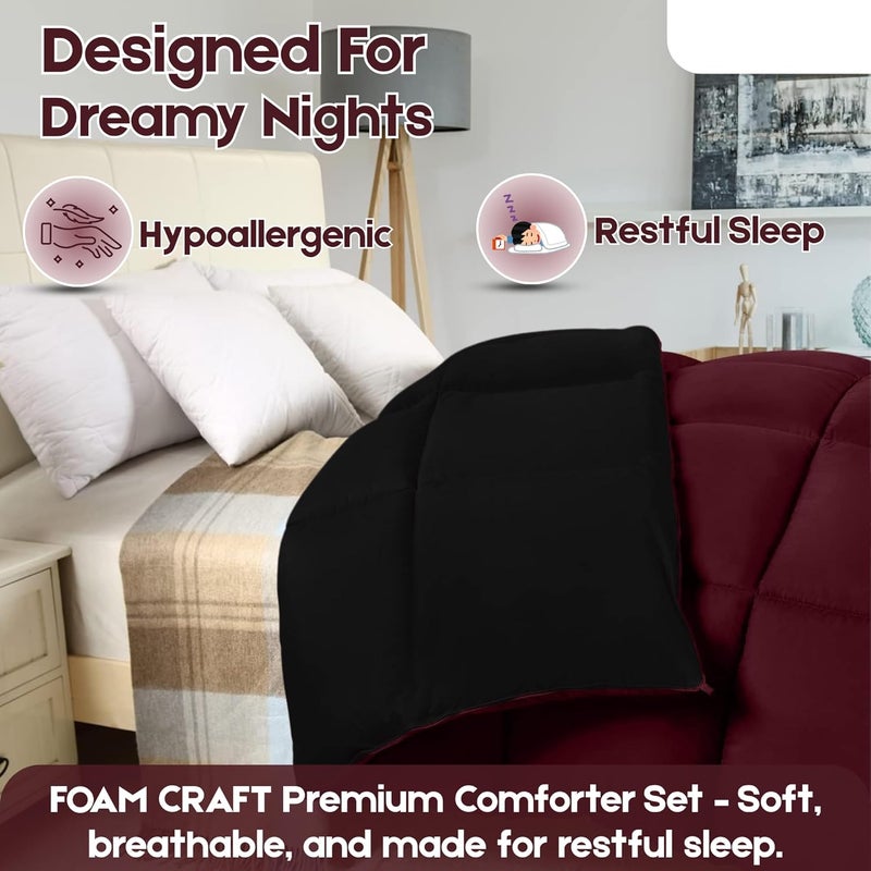 FOAM CRAFT 3 Piece Bed Comforter Set - Cozy Down Alternative Filled Comforter & 2 Pillow Shams, Burgundy/Black, Twin Size (135 x 200cm) - Image 3