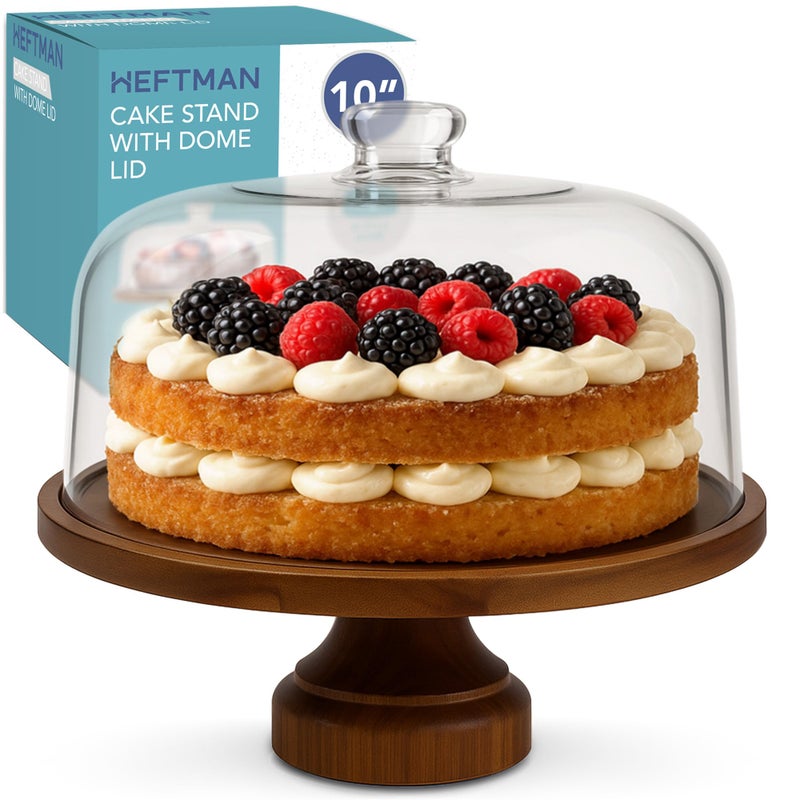 HEFTMAN 10 Cake Stand with Dome Lid  2in1 NonSlip Acacia Wood Cake Display Stand with Clear Acrylic Dome Cover for Cakes Pastries Cheese Boards  Ideal for Birthday Wedding Party Caf