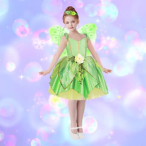 TYHTYM Tinkerbell Fairy Costumes Girls Green Fancy Dress Up Baby Kids Halloween With Butterfly Wings Headband (6-7T, Fairy) - Image 3
