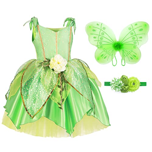 TYHTYM Tinkerbell Fairy Costumes Girls Green Fancy Dress Up Baby Kids Halloween With Butterfly Wings Headband (6-7T, Fairy) - Image 2