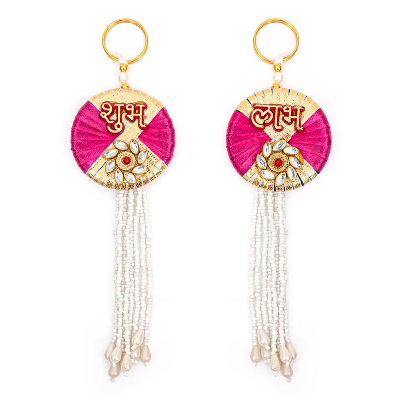 CHOTTEY LAL AND SONS CHOTTEY LAL AND SONS Traditional Door Sider for Door Cloth with Thread Work Hanging Sider for Home Inauguration Pooja Room Latkan for Festival Decoration 7 Inch Pink Gold