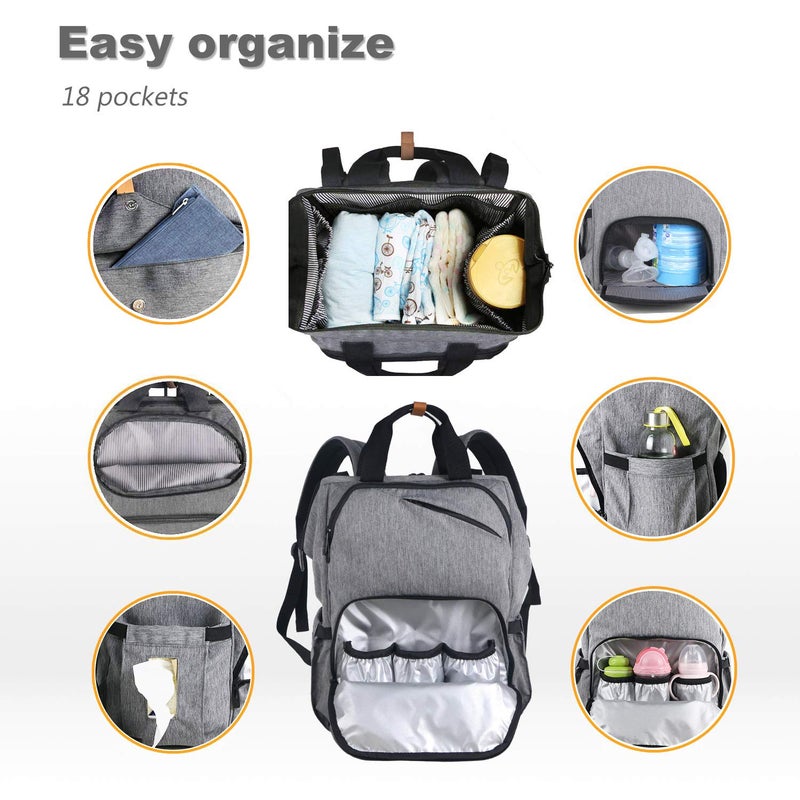 Hap Tim Diaper Bag Backpack,Large Capacity Travel Back Pack Maternity Baby Nappy Changing Bags, Double Compartments with Stroller Straps,Waterproof,Grey (US7340-G) - Image 3