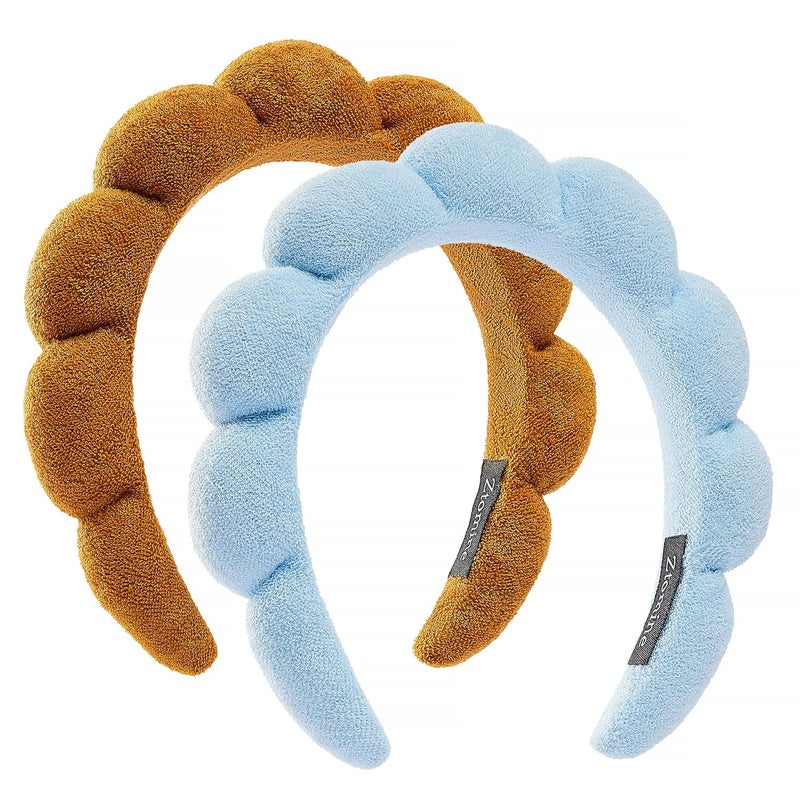 Ztomine Store Spa Terry Cloth Facial Headbands, Set of 2 Skincare Combo Pack - Puffy Makeup Headbands for Face Washing and Masks (Blue + Dark Khaki) - Image 1