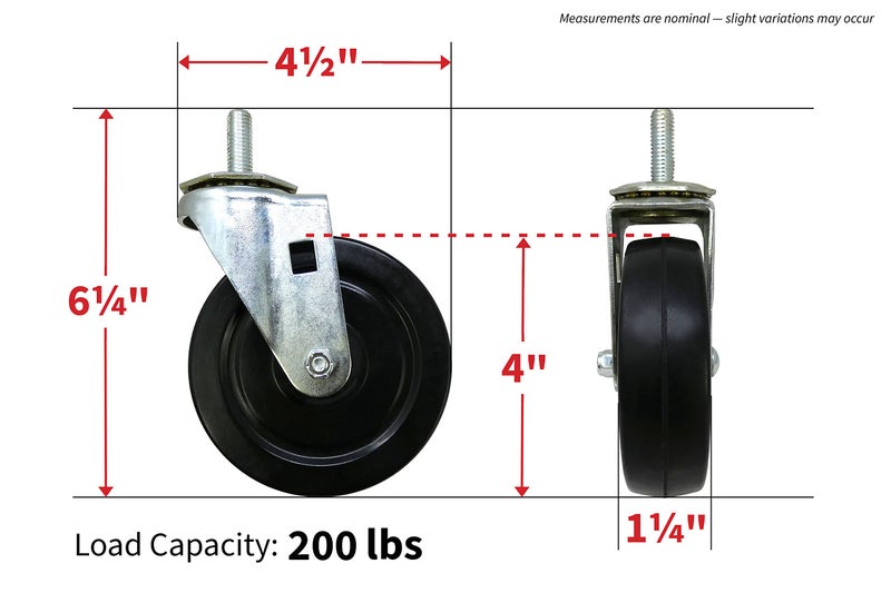 Shepherd Hardware 9023 4-Inch Soft Rubber Swivel Stem Caster, 1/2-Inch Stem Diameter, 200-lb Load Capacity, Black