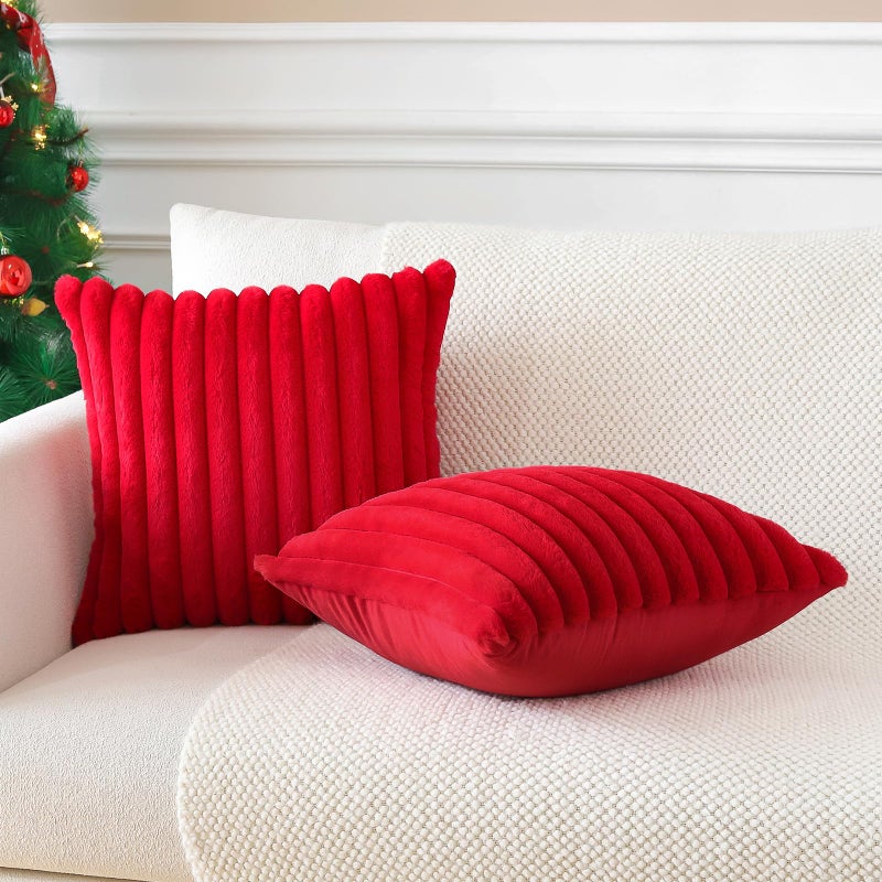 Soleebee Set of 2 Throw Pillow Covers Soft Cozy Velvet Pillowcase Faux Rabbit Fur Cover for Couch Sofa Bed Chair Home Decorative Pillows Cover (20x20 Inch  Red) - Image 3