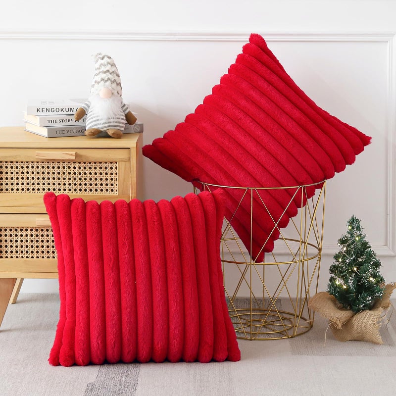 Soleebee Set of 2 Throw Pillow Covers Soft Cozy Velvet Pillowcase Faux Rabbit Fur Cover for Couch Sofa Bed Chair Home Decorative Pillows Cover (20x20 Inch  Red) - Image 4