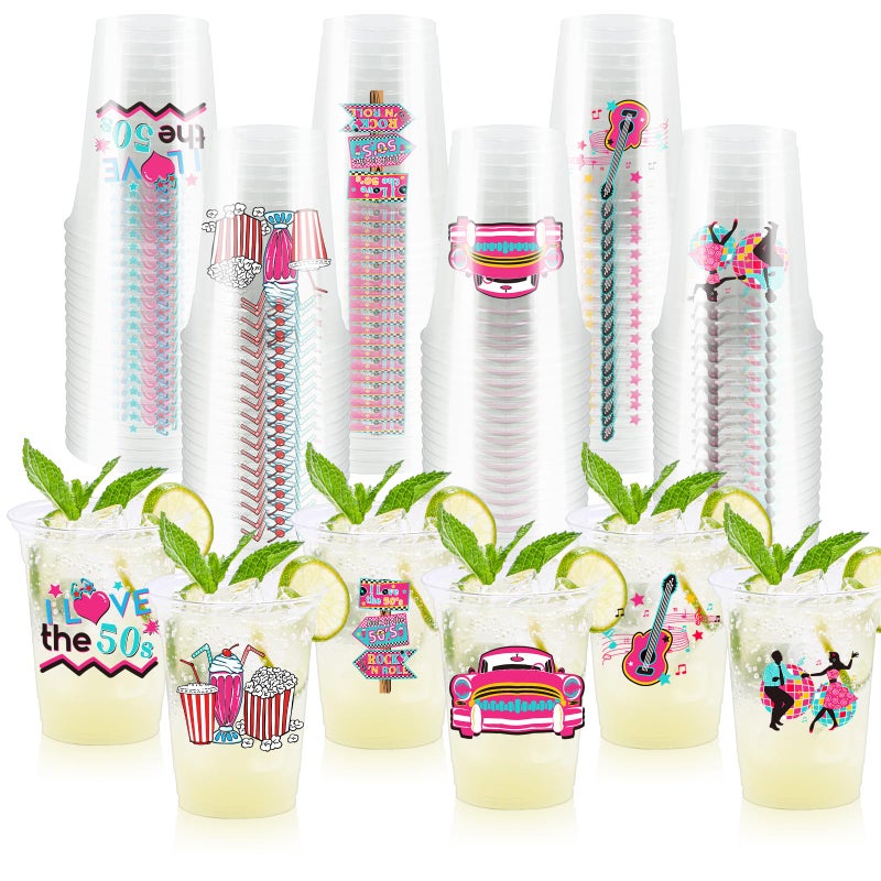 Zcptz 60 Pcs 50'S Party Plastic Cups 12Oz 1950'S Rock And Roll Disposable Cups Back To 50S Retro Party Tableware 50'S Theme Party Decorations For 50'S Theme Birthday Party Music Party Supplies - Image 1