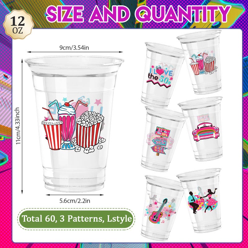Zcptz 60 Pcs 50'S Party Plastic Cups 12Oz 1950'S Rock And Roll Disposable Cups Back To 50S Retro Party Tableware 50'S Theme Party Decorations For 50'S Theme Birthday Party Music Party Supplies - Image 2