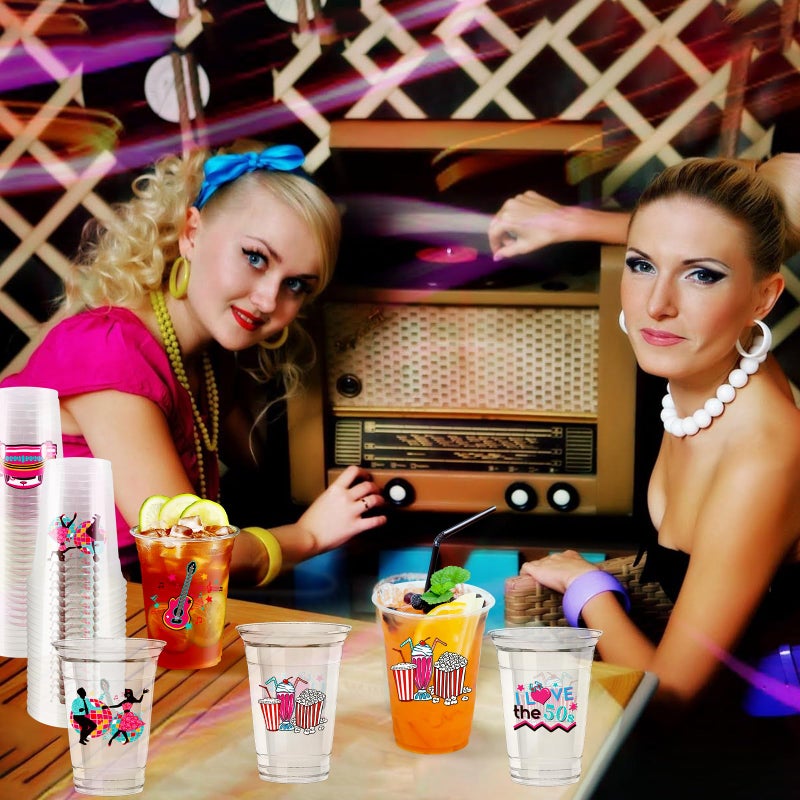 Zcptz 60 Pcs 50'S Party Plastic Cups 12Oz 1950'S Rock And Roll Disposable Cups Back To 50S Retro Party Tableware 50'S Theme Party Decorations For 50'S Theme Birthday Party Music Party Supplies - Image 4