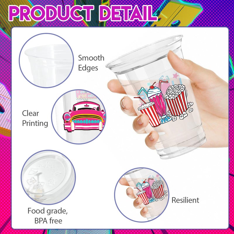 Zcptz 60 Pcs 50'S Party Plastic Cups 12Oz 1950'S Rock And Roll Disposable Cups Back To 50S Retro Party Tableware 50'S Theme Party Decorations For 50'S Theme Birthday Party Music Party Supplies - Image 3