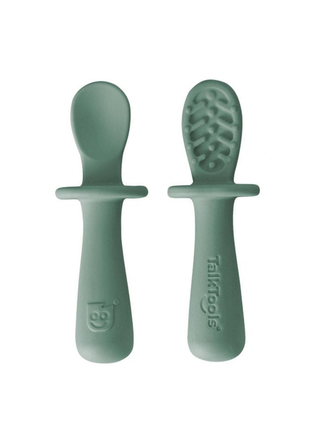 توك تولز ملاعق سيليكون صغيرة من TalkTools ITSY - عبوة مزدوجة من ملاعق تدريب ذاتية التغذية من السيليكون الناعم للأطفال والصغار، مع واقي شفة مضاد للاختناق ومقبض غير قابل للانزلاق (Sage) - Image 1