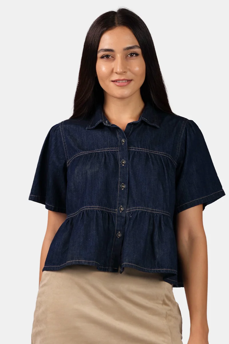 فيرجيو Solid Cotton Tiered Cropped Denim Shirt for Women