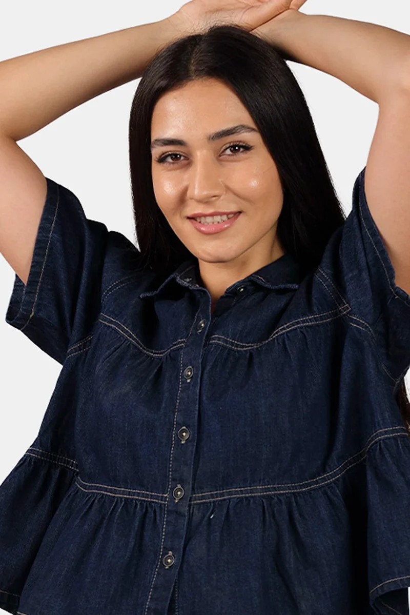 Virgio  Solid Cotton Tiered Cropped Denim Shirt for Women for Women | Best Price UAE