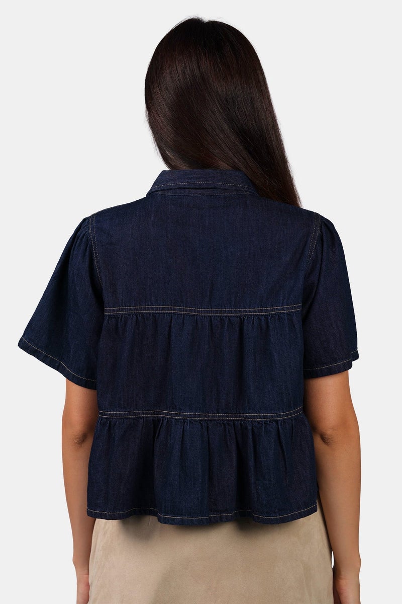 Virgio Solid Cotton Tiered Cropped Denim Shirt for Women - Image 4