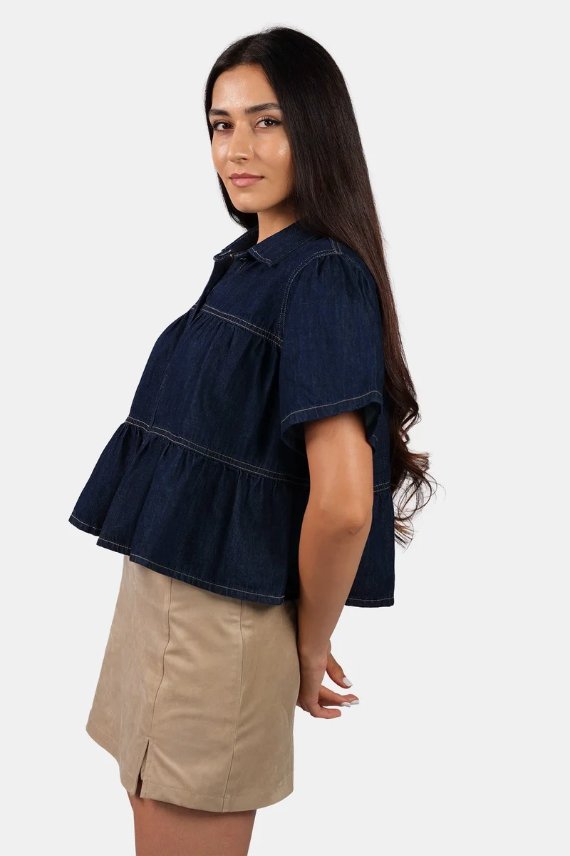 Virgio  Solid Cotton Tiered Cropped Denim Shirt for Women for Women | Best Price UAE