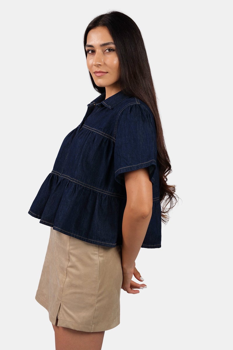 Virgio Solid Cotton Tiered Cropped Denim Shirt for Women - Image 3