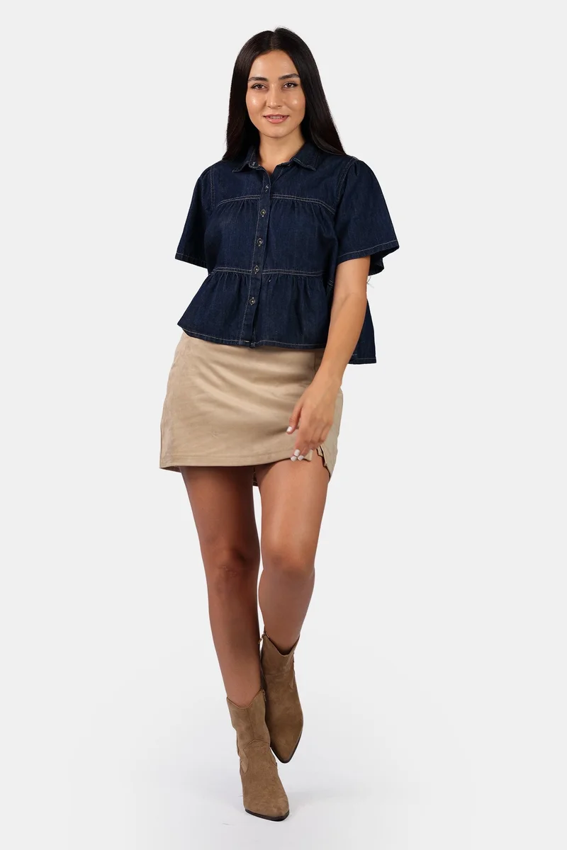 فيرجيو Solid Cotton Tiered Cropped Denim Shirt for Women