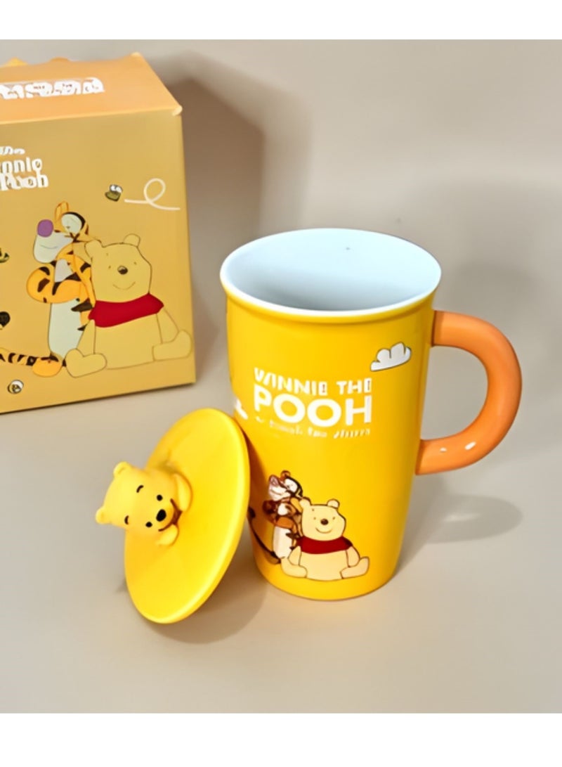 ديزني كوب سيراميك ويني ذا بوه مع غطاء – غطاء بوه ثلاثي الأبعاد، كوب قهوة كرتوني أصفر كبير سعة 500 مل، سيراميك مقاوم للحرارة، صندوق هدايا لطيف للأطفال والكبار - Image 3