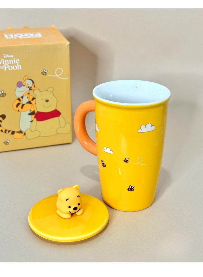 ديزني كوب سيراميك ويني ذا بوه مع غطاء – غطاء بوه ثلاثي الأبعاد، كوب قهوة كرتوني أصفر كبير سعة 500 مل، سيراميك مقاوم للحرارة، صندوق هدايا لطيف للأطفال والكبار - Image 4
