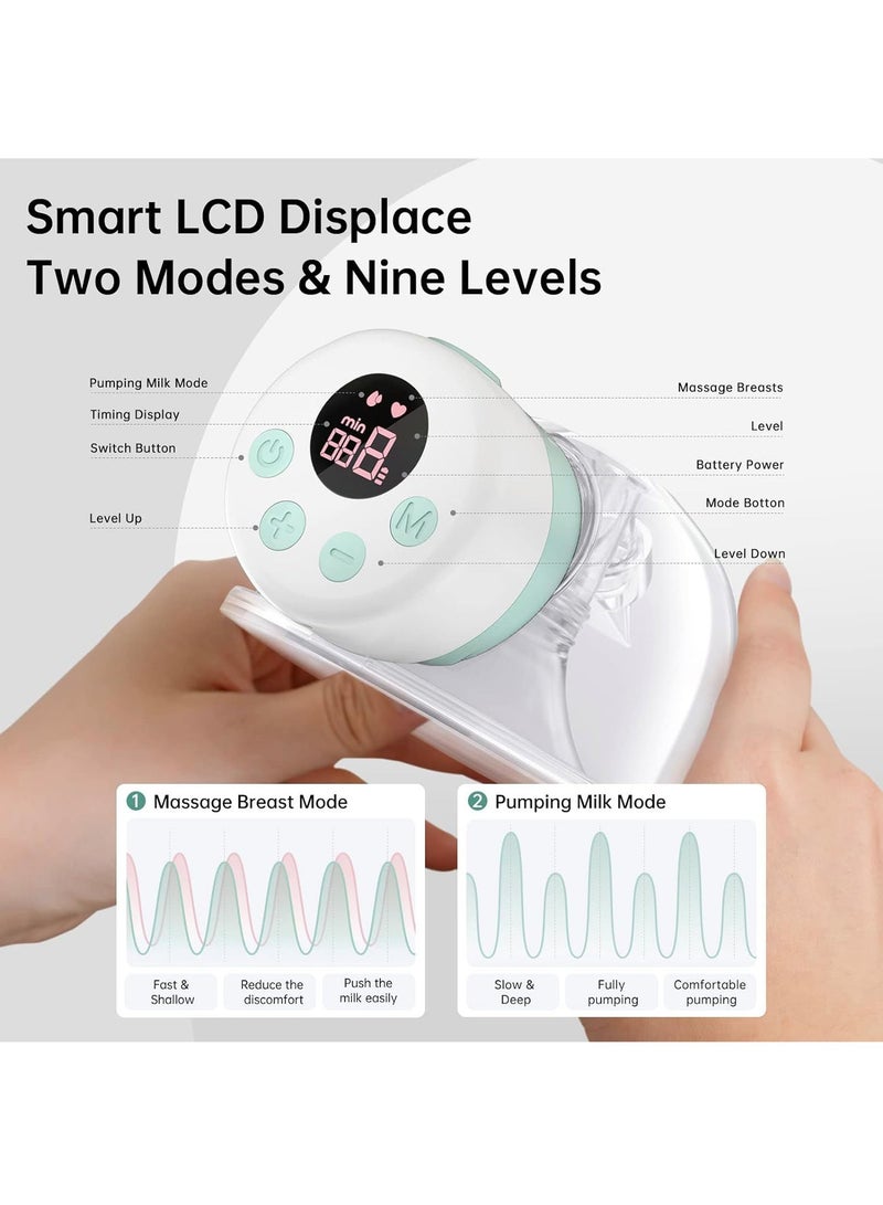 MiOne 2 Hands-Free Wearable Electric Breast Pump with LCD Display, 9 Levels and 2 Modes Rechargeable with Massage Mode Green - Image 3
