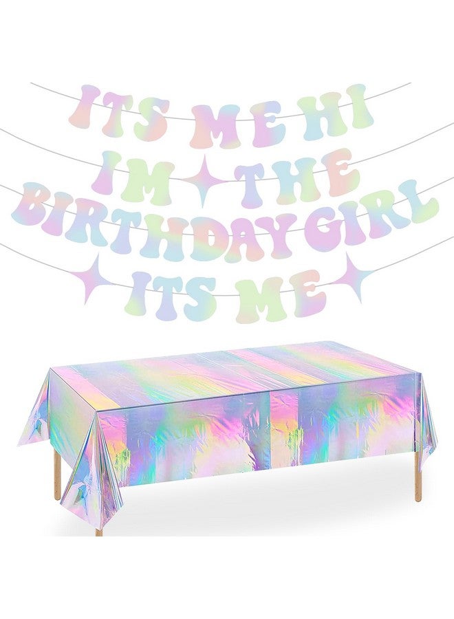 سيلفتك لافتة "Its Me Hi Im The Birthday Girl" من "Its Me"، لافتة زينة حفلات أعياد الميلاد اللامعة اللامعة مع مفرش طاولة بلاستيكي يمكن التخلص منه مقاس 54 بوصة × 108 بوصة، إكليل "Its A Girl" لتزيين الحفلات - Image 1