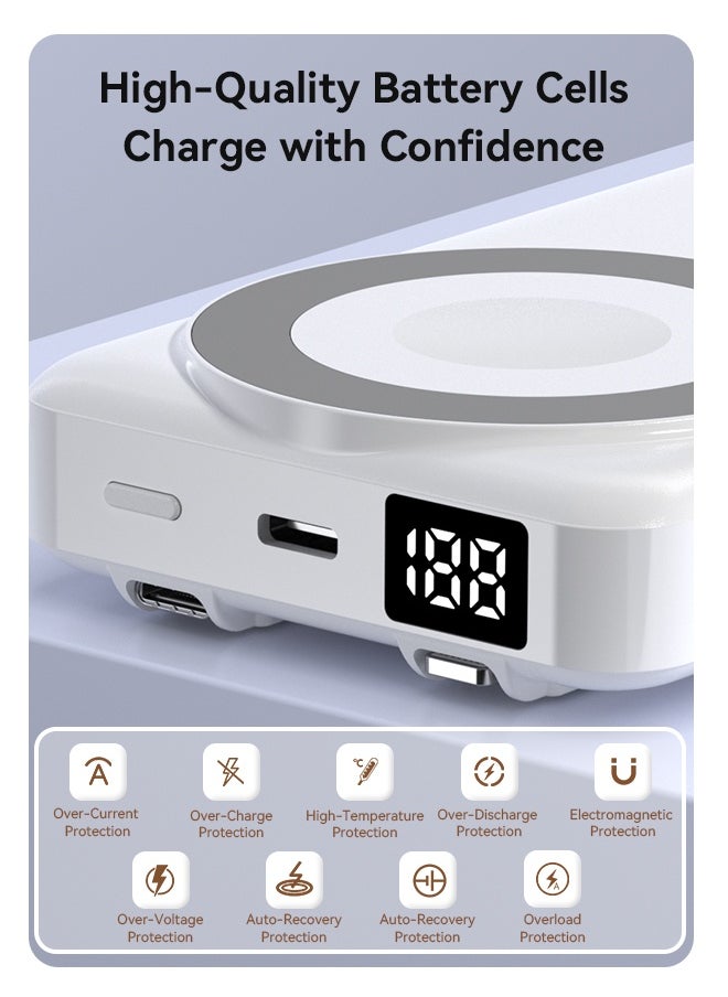 WAPIK - Korean Brand M6 10000mAh Foldable Magnetic Wireless Power Bank Portable Charger 22.5W Blue, Compatible with iPhone 16/15/14/13/12 Series, AirPods, Apple Watch, with Built-in Type-C and Lightning Charging Cables - Image 1