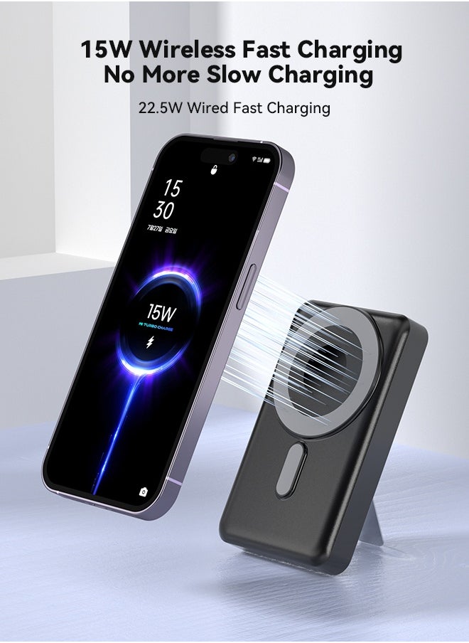 WAPIK - Korean Brand M6 10000mAh Foldable Magnetic Wireless Power Bank Portable Charger 22.5W Blue, Compatible with iPhone 16/15/14/13/12 Series, AirPods, Apple Watch, with Built-in Type-C and Lightning Charging Cables - Image 1