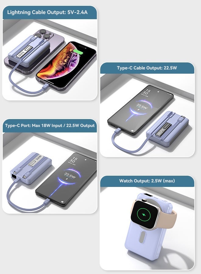 WAPIK Korean Brand M6 Magnetic Power Bank, 10,000mAh Foldable Wireless Portable Charger, 22.5W USB-C Fast Charging, Compatible with iPhone 16/15/14/13/12 Series, Built-in Type-C & Lightning Cables – Blue - Image 5