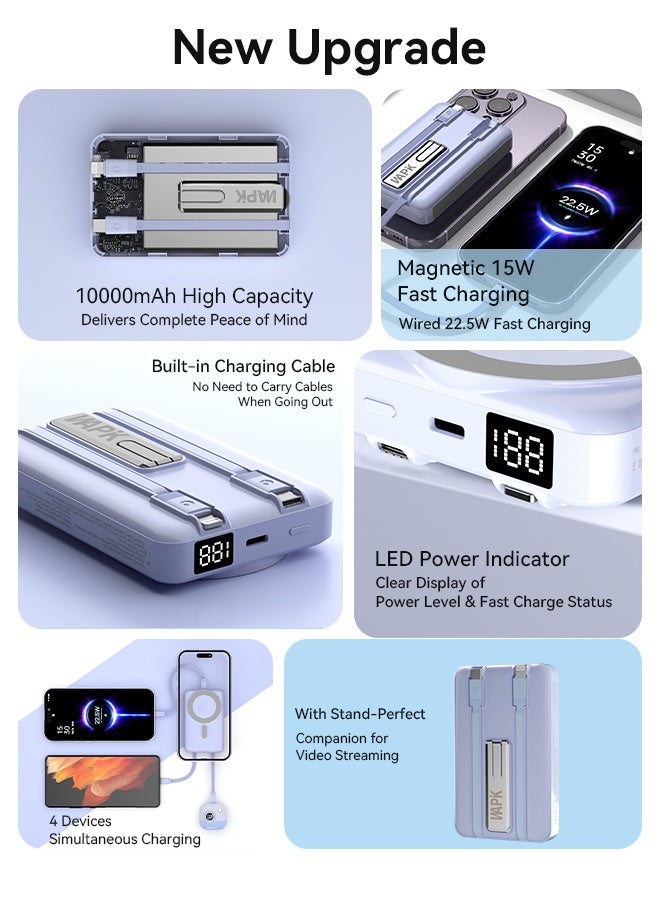 WAPIK Korean Brand M6 Magnetic Power Bank, 10,000mAh Foldable Wireless Portable Charger, 22.5W USB-C Fast Charging, Compatible with iPhone 16/15/14/13/12 Series, Built-in Type-C & Lightning Cables – Blue - Image 3