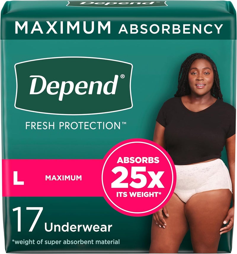 Depend Depend Fresh Protection Adult Incontinence & Postpartum Bladder Leak Underwear for Women, Disposable, Maximum, Large, Blush, 17 Count, Packaging May Vary 