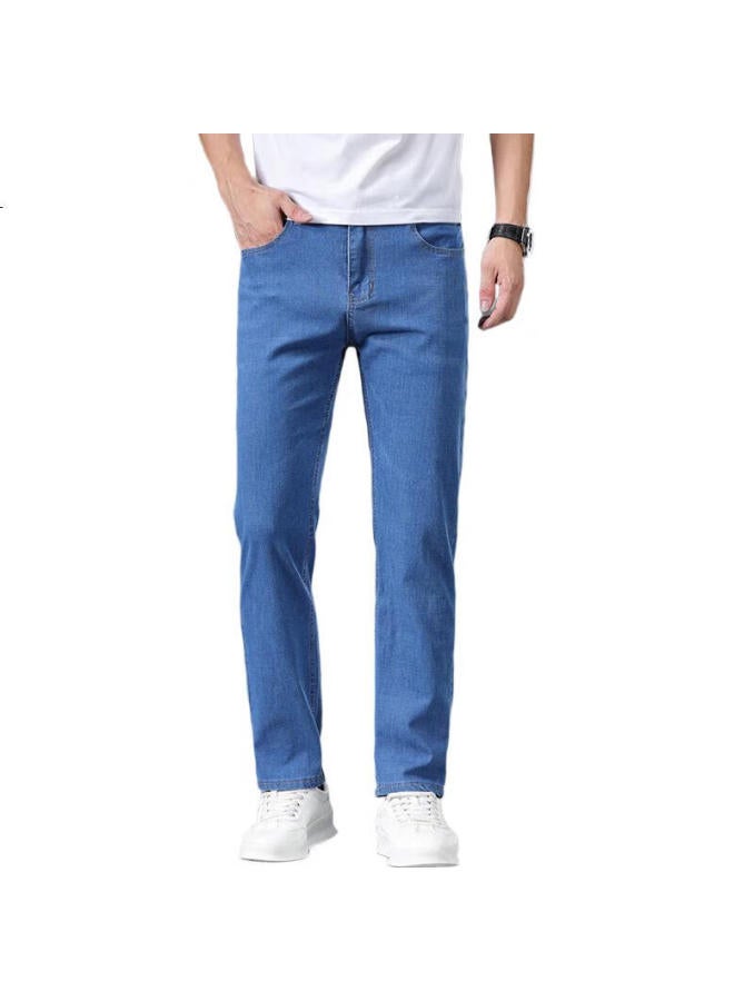 Romon Jeans For Men, Summer Style, Cotton, Soft, Elastic, Loose, Straight-Leg, Business Casual, Cool-Feeling Pants, Men'S 807, Light Blue, Size 32 - Image 1