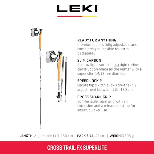 LEKI Cross Trail FX Superlite Carbon Collapsible Lightweight Trekking Poles for Hiking & Trail Running - White-Red-Black - 110-130 cm - Image 2