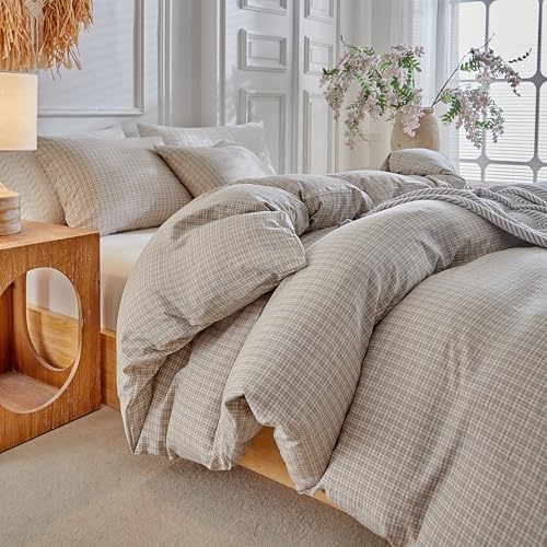 DuShow Grid King Duvet Cover Set - Taupe Plaid Checkered Washed Microfiber Comforter Cover Set, 3 Pieces Soft Reversible Bedding Set(Taupe,King) - Image 1