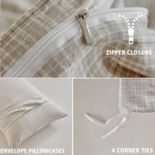 DuShow Grid King Duvet Cover Set - Taupe Plaid Checkered Washed Microfiber Comforter Cover Set, 3 Pieces Soft Reversible Bedding Set(Taupe,King) - Image 5