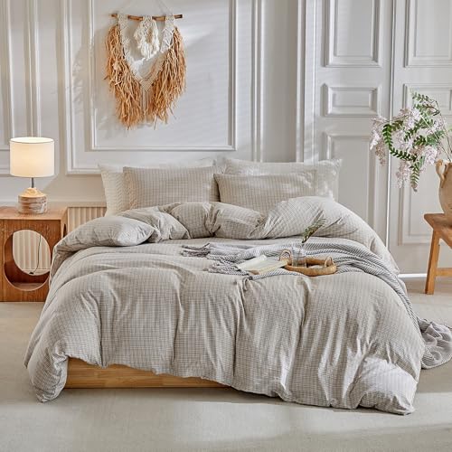 DuShow Grid King Duvet Cover Set - Taupe Plaid Checkered Washed Microfiber Comforter Cover Set, 3 Pieces Soft Reversible Bedding Set(Taupe,King) - Image 2