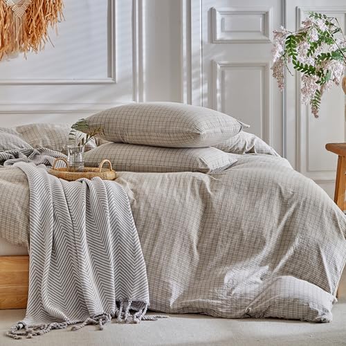 DuShow Grid King Duvet Cover Set - Taupe Plaid Checkered Washed Microfiber Comforter Cover Set, 3 Pieces Soft Reversible Bedding Set(Taupe,King) - Image 4