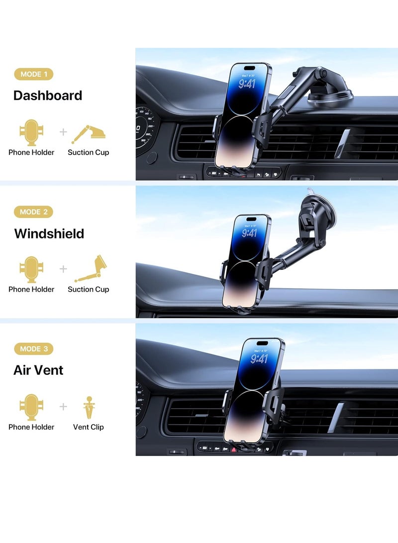 MJZ Universal Car Phone Holder, 3 in 1 Long Arm Phone Mount Car Stand, Car Dashboard Holder, Windshield Phone Mount, Car Air Vent Phone Holder Strong Suction Cup Compatible with All Smartphones (Black)  - Image 2