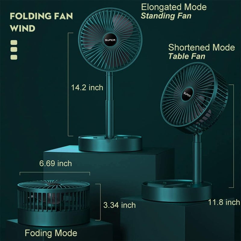 CENAVA Portable Rechargeable Desk Fan, Folding Fan Pedestal Fan 3 Speeds Height Adjustable Table Fan, 2000mAh Rechargeable USB Charging for Home Office Travel Camping RV Desk Bedroom Outdoor (Green) - Image 2