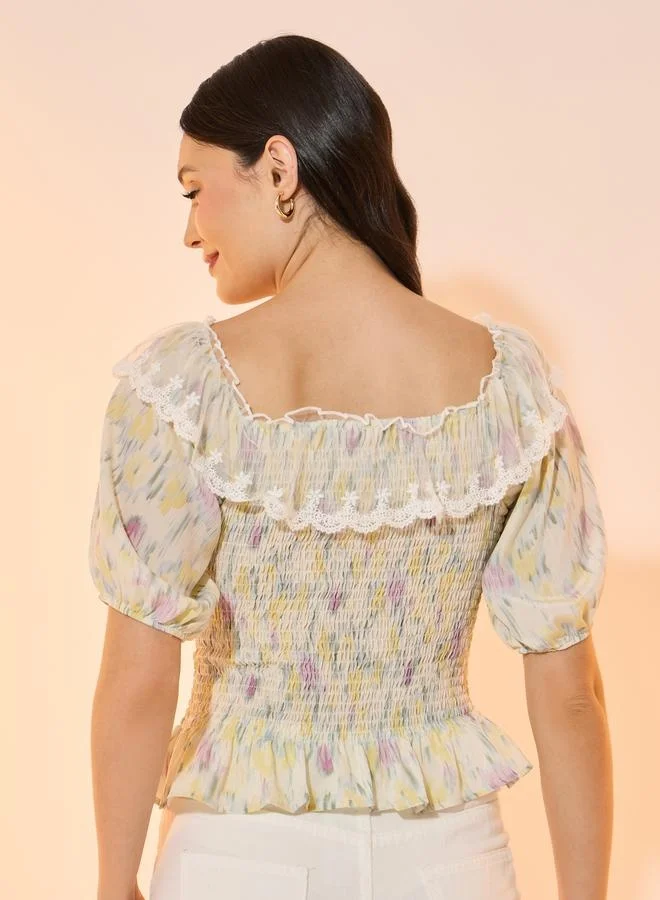 Take Two Gathered Lace Insert Smocked Detail Blouse
