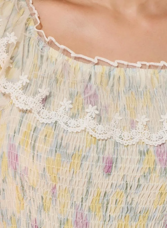 Take Two Gathered Lace Insert Smocked Detail Blouse