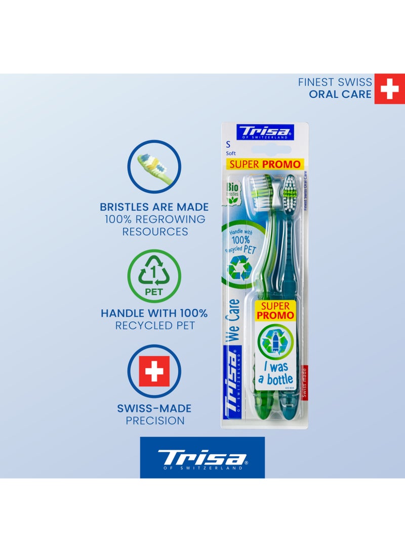 Trisa We Care Duo Soft Toothbrush Set - Eco-Friendly Design with 100% Recycled PET Handle and Bio Bristles - Image 2