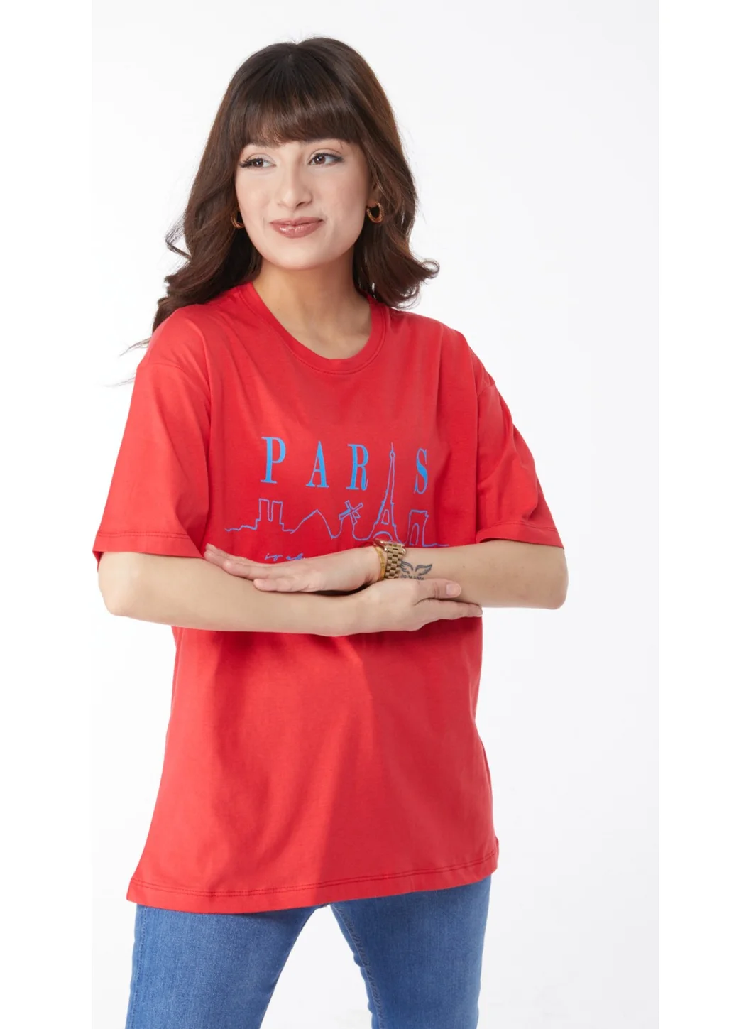 Tofisa Plain Crew Neck Women's Red Printed T-Shirt - 25170