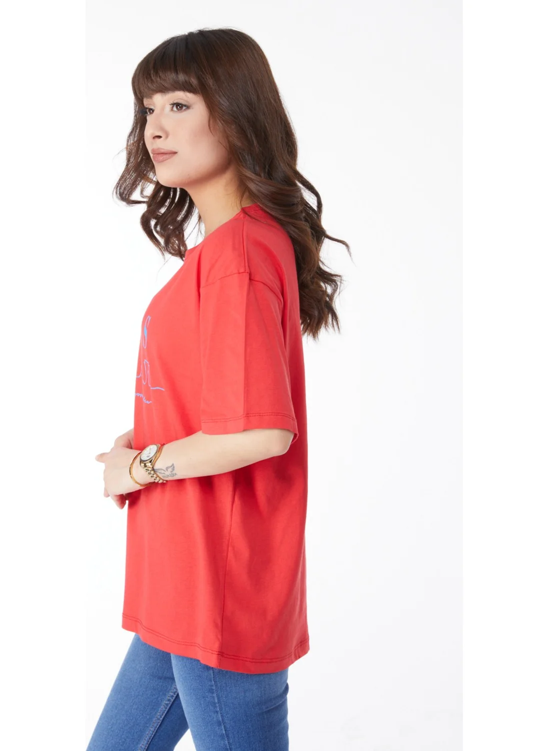 Tofisa Plain Crew Neck Women's Red Printed T-Shirt - 25170