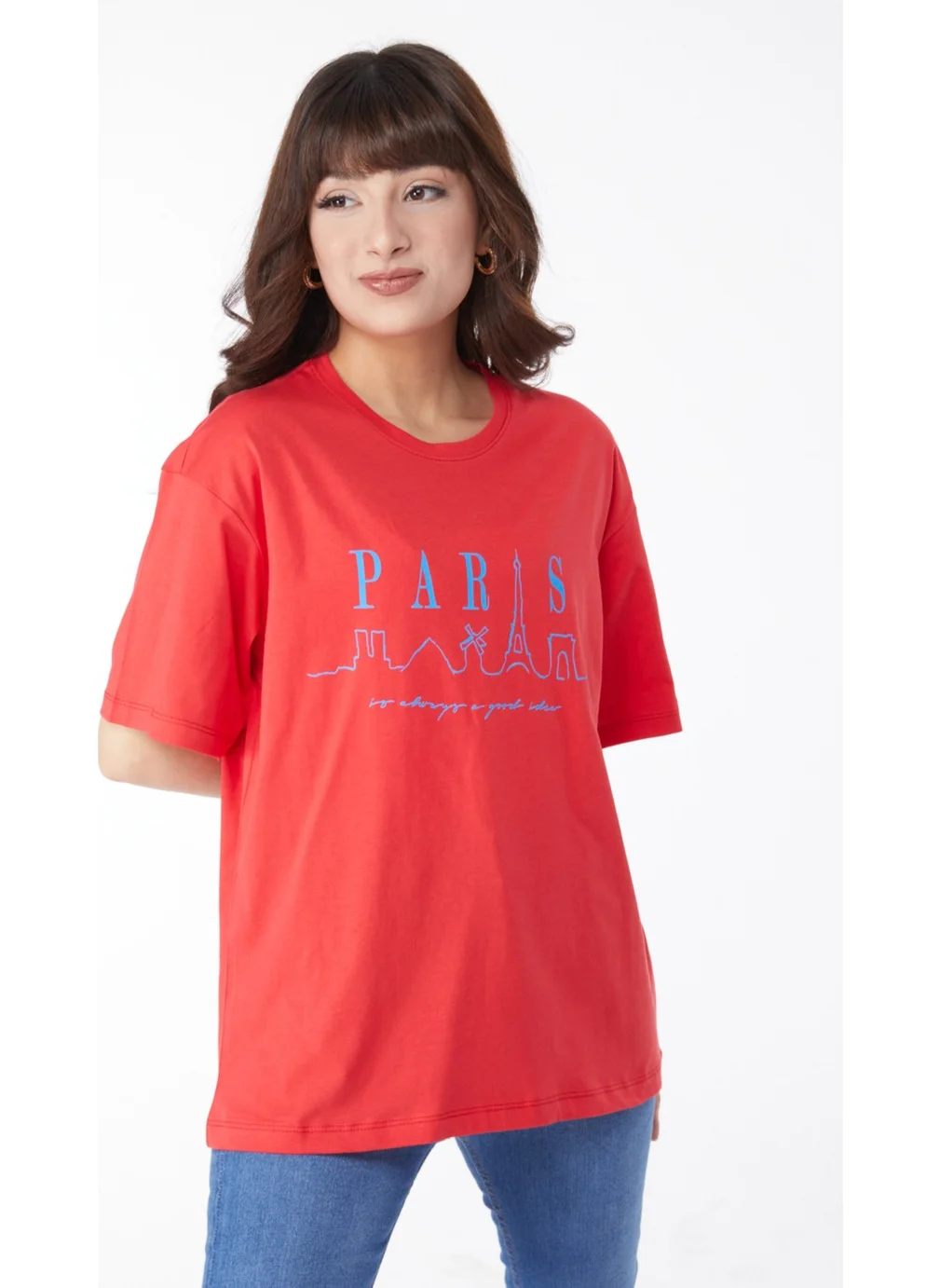 Tofisa Plain Crew Neck Women's Red Printed T-Shirt - 25170