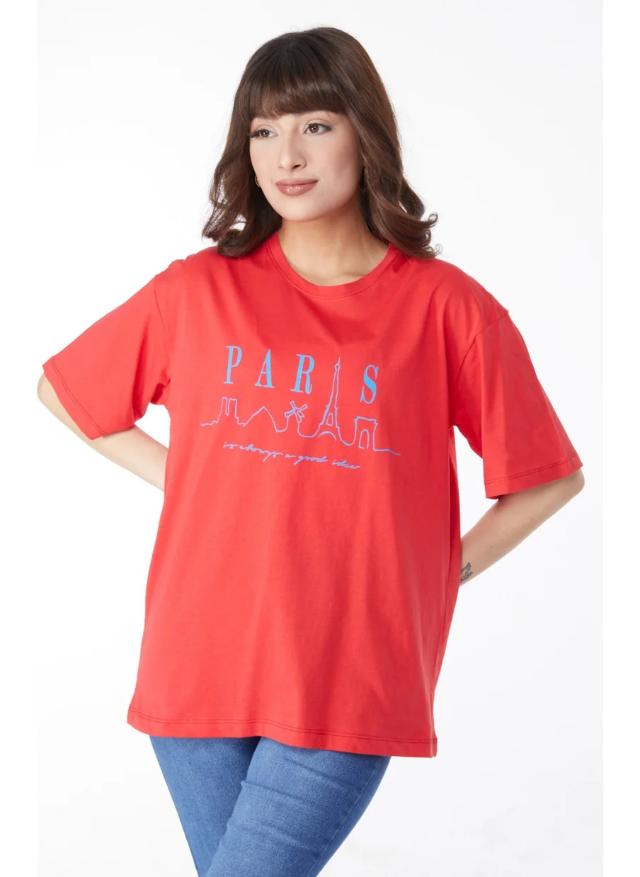 Tofisa Plain Crew Neck Women's Red Printed T-Shirt - 25170