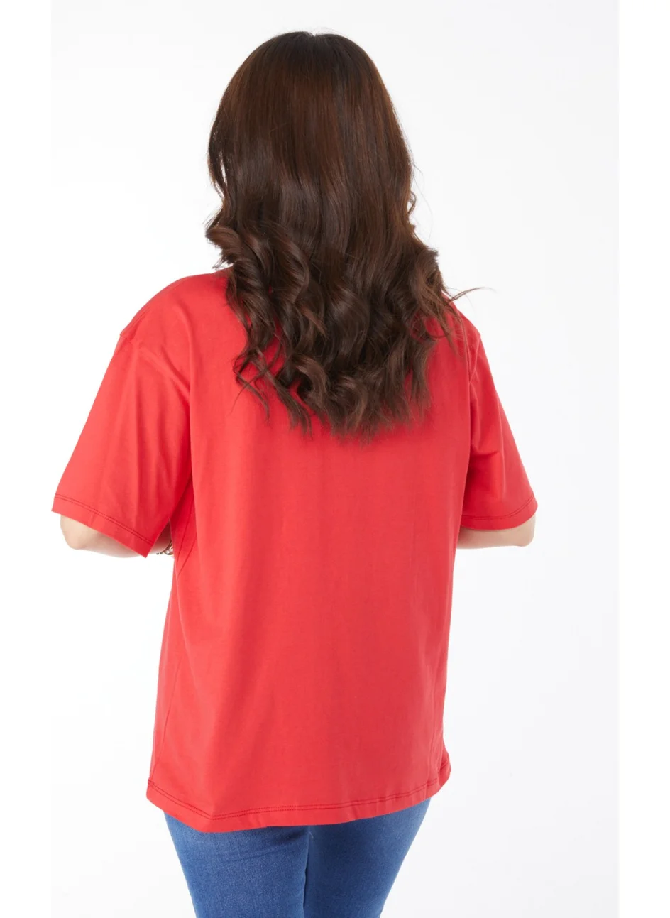 Tofisa Plain Crew Neck Women's Red Printed T-Shirt - 25170