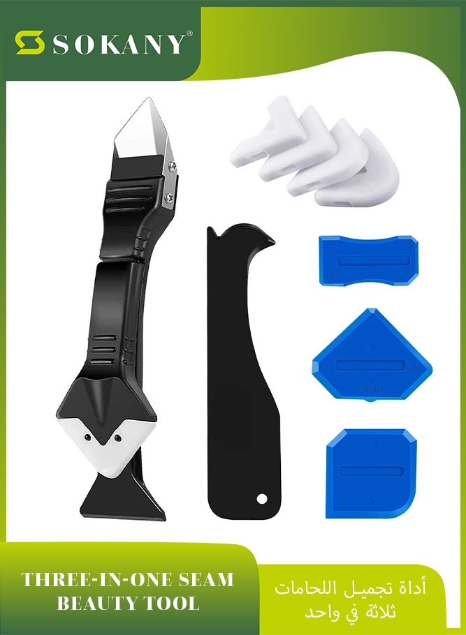 sokany Silicone Caulking Tool, Caulk Remover Tool and Grout Removal Tool, Caulk Remover, Silicone Caulking Tool Kit, with 4pc Glass Glue Angle Scraper - 3 in 1 Caulking Finishing Tools (Multicolour)  - Image 1