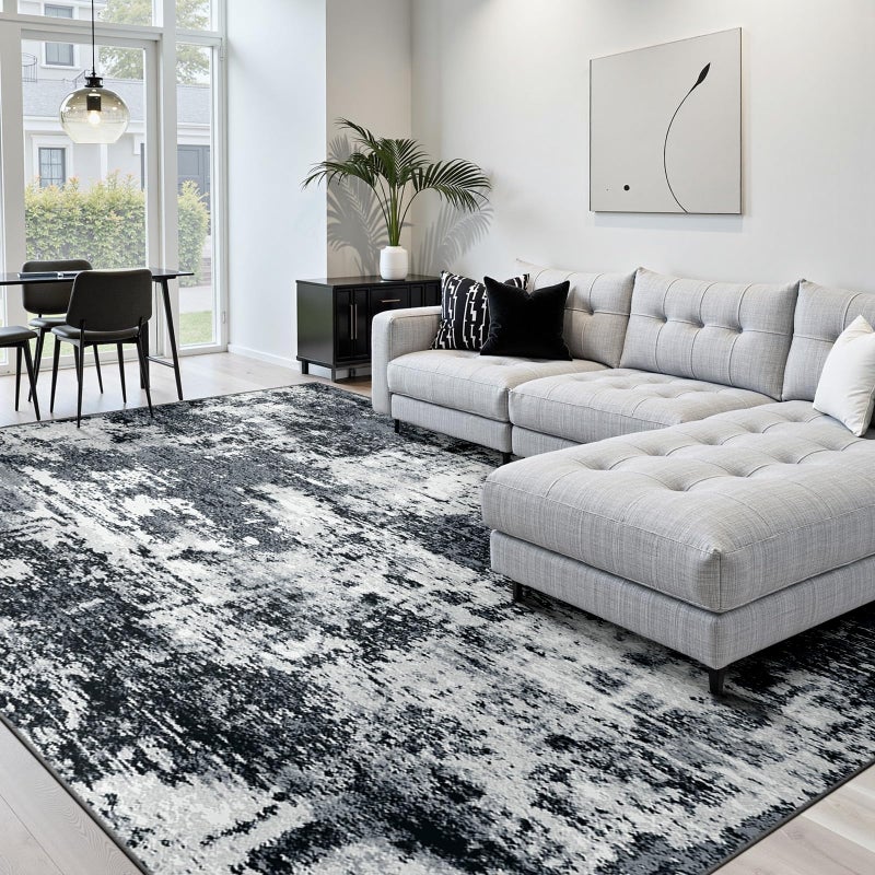 RELEANY Washable Area Rugs 8'x10' Non-Slip Modern Abstract Soft for Living Room Entryway Bedroom Nursery, Print Pattern, Black Navy Blue Gray - Image 1