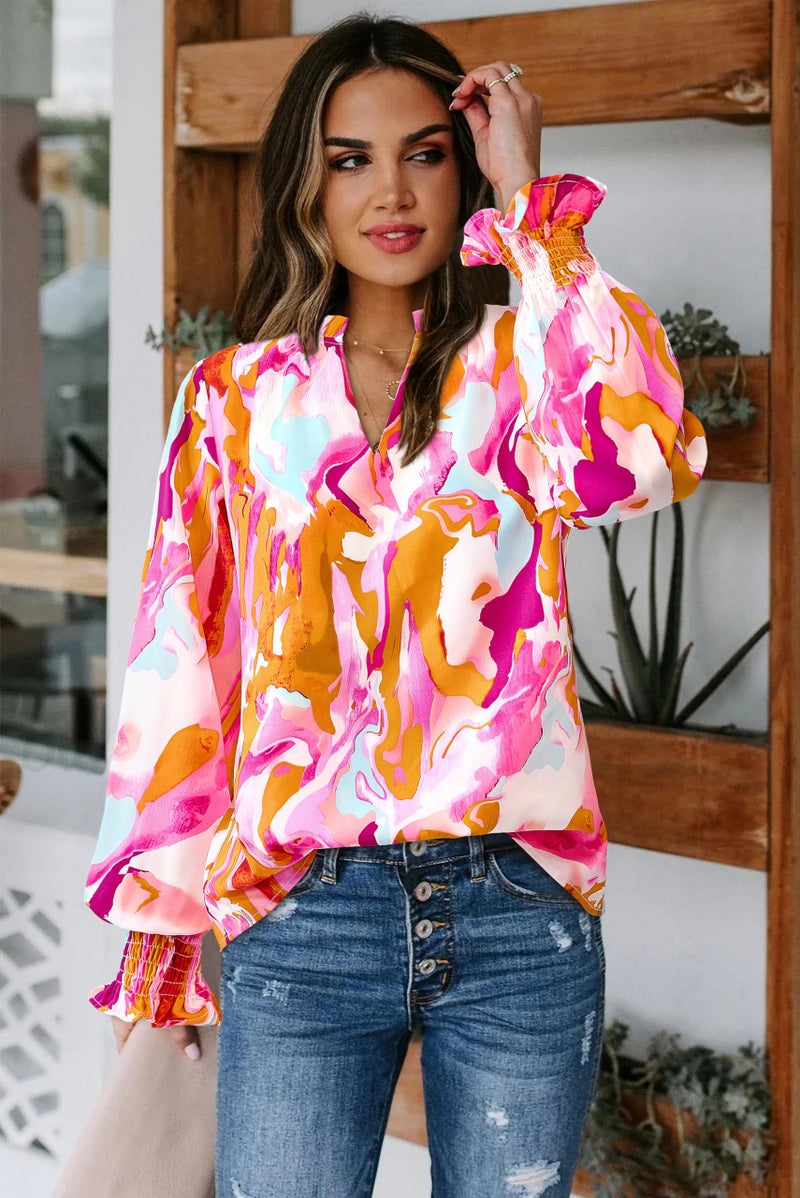 MASCOMODA Womens V Neck Floral Long Sleeve Tops 2026 Summer Casual Loose Puff Sleeve Chiffon Boho Work Blouse Dressy T Shirts(Brown Purple Floral,Medium) - Image 3