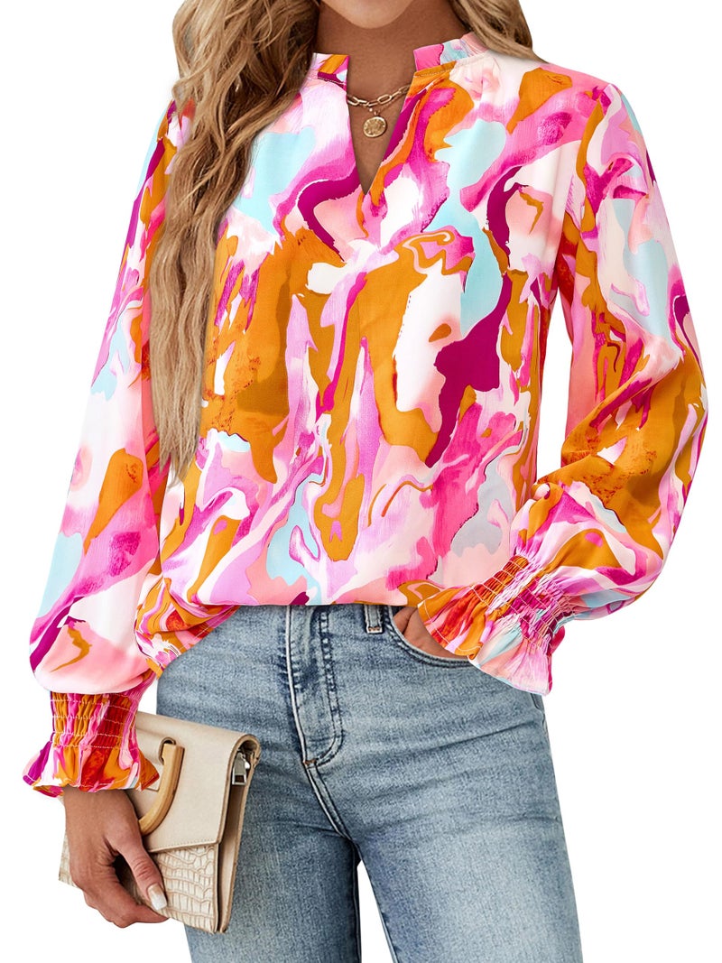 MASCOMODA Womens V Neck Floral Long Sleeve Tops 2026 Summer Casual Loose Puff Sleeve Chiffon Boho Work Blouse Dressy T Shirts(Brown Purple Floral,Medium) - Image 2